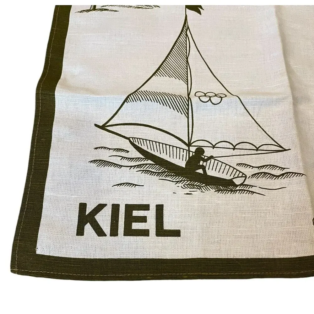VTG New Old Stock Linen Tea Towel KIEL Germany Sailboat Architecture Landmarks